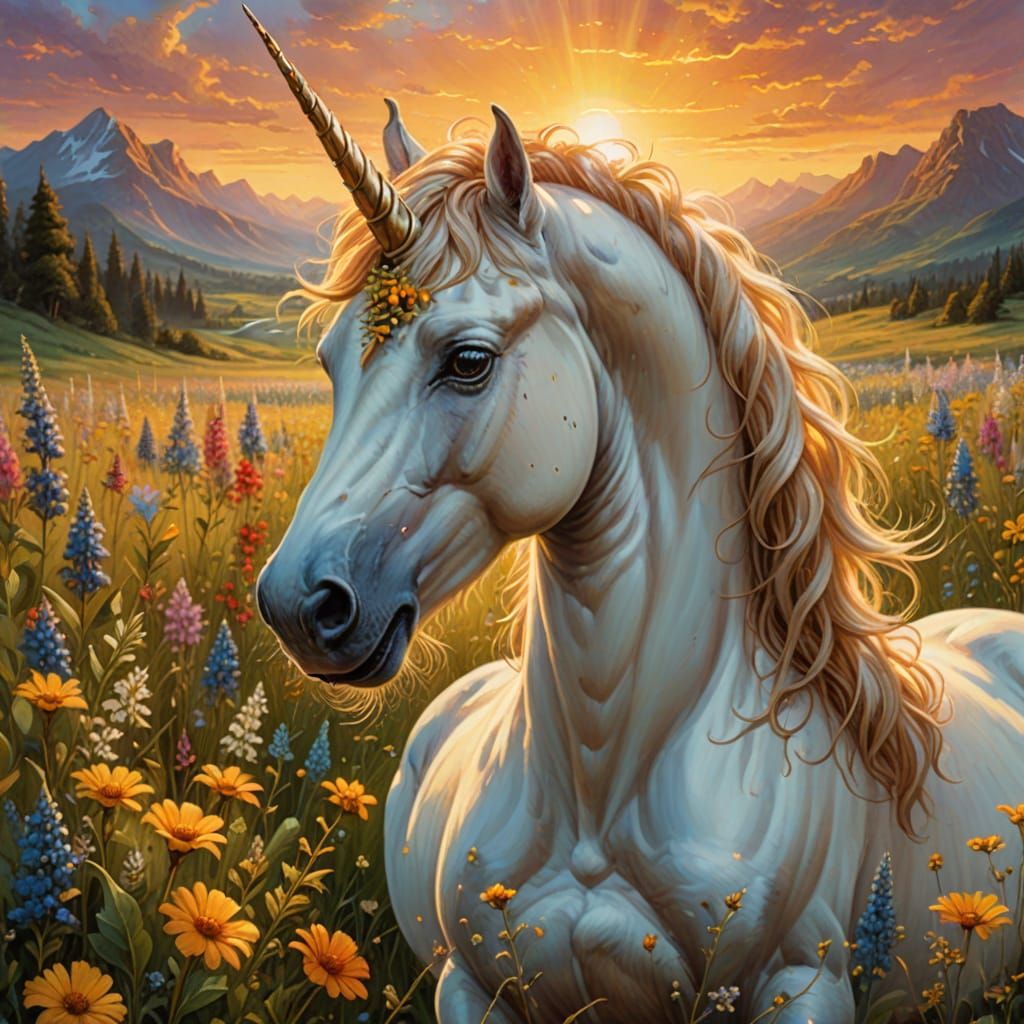Ethereal Unicorn in Wildflower Field: Fantasy Art