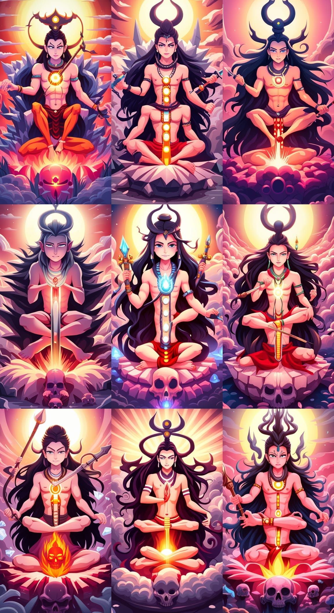 Chibi Anime Lord Shiva Meditating on Skull Throne