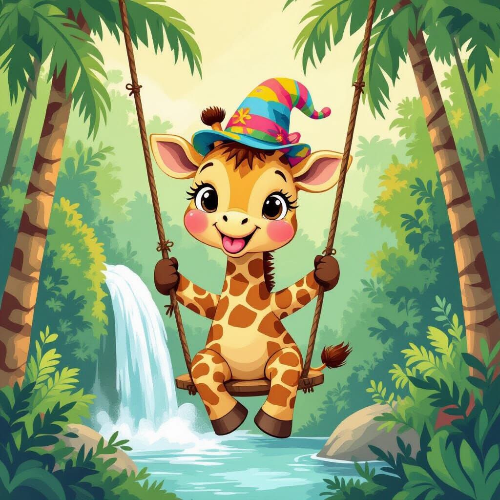 An adorable singing giraffe with puckered lips swinging from...