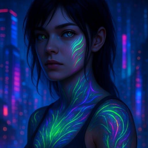 Bioluminescent Tattoos in Cyberpunk Cityscape
