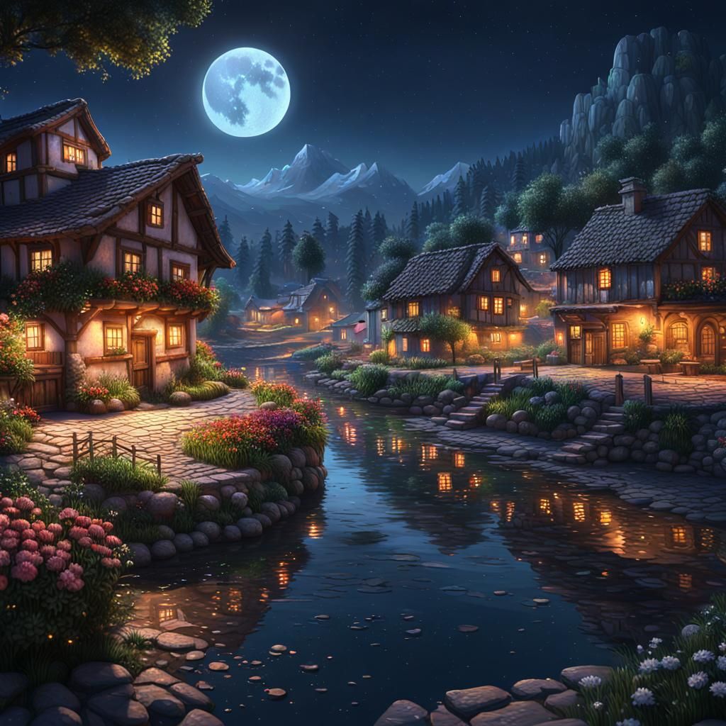 Hyperrealistic Flowery Village at Night: Splash Art