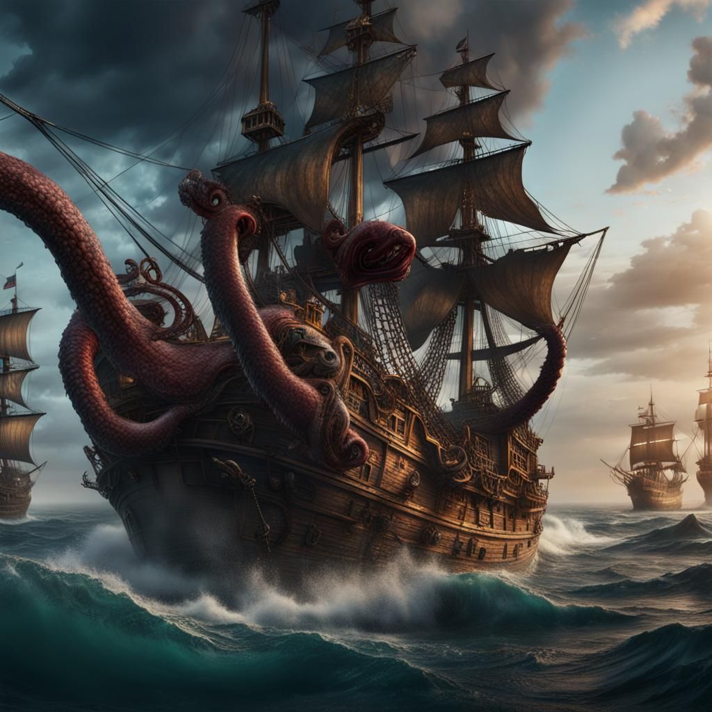 Kraken Attacks Pirate Ship: Fantasy Concept Art