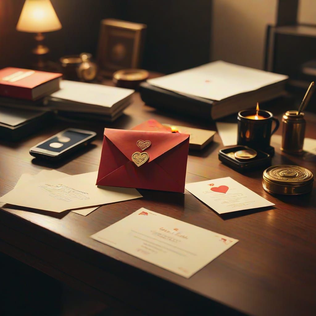Elegant Red Heart-Shaped Envelope on Modern Desk