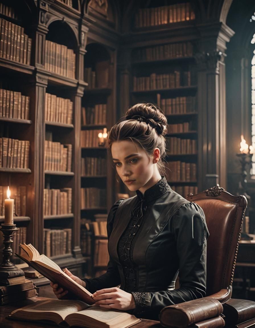 Victorian Woman Reading in Gothic Library