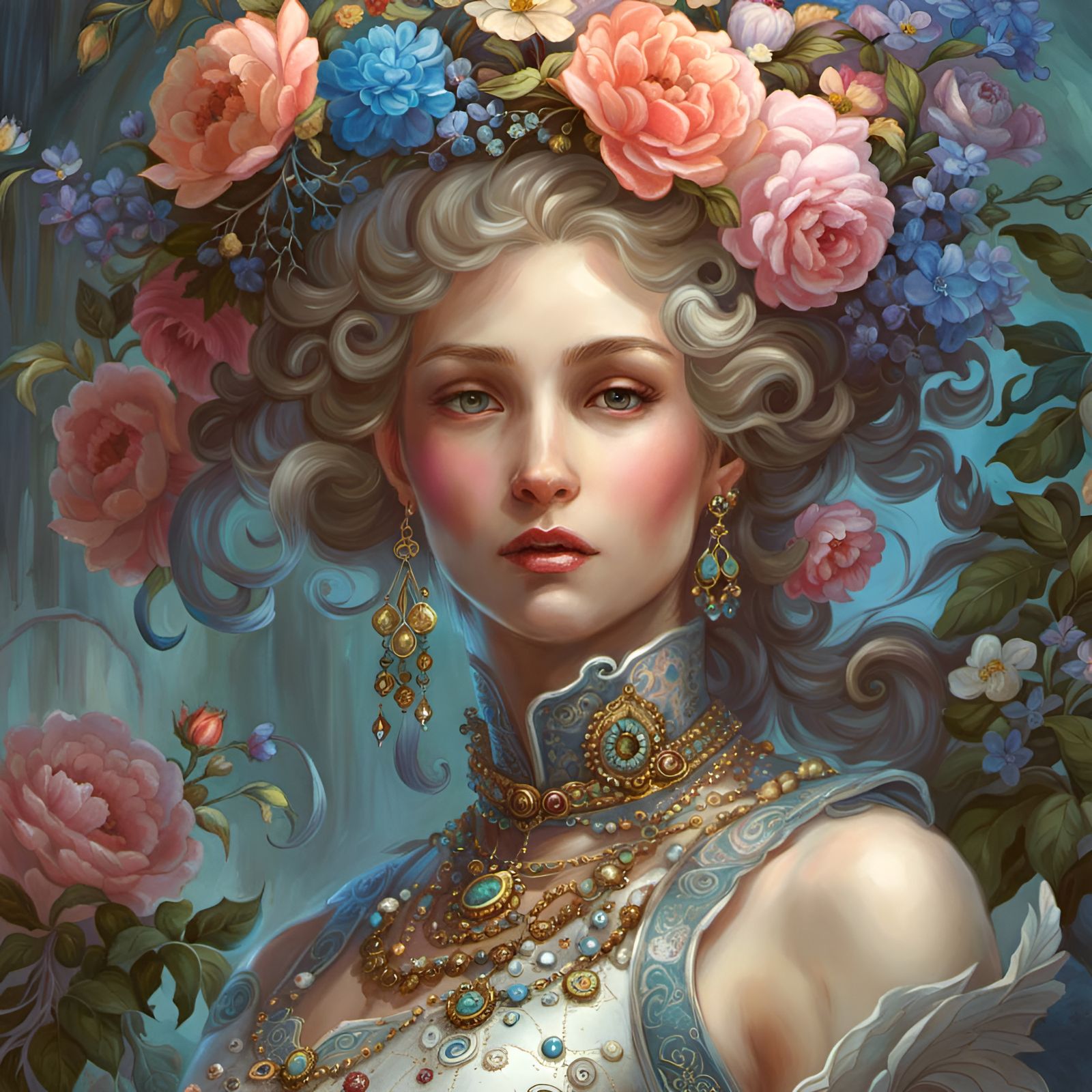 Flowery Robot in Rococo Style, Hyperdetailed Close-up