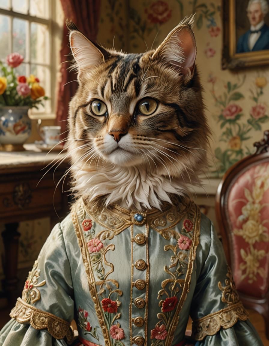 close-up of adorable victorian lady cat with individual hair...
