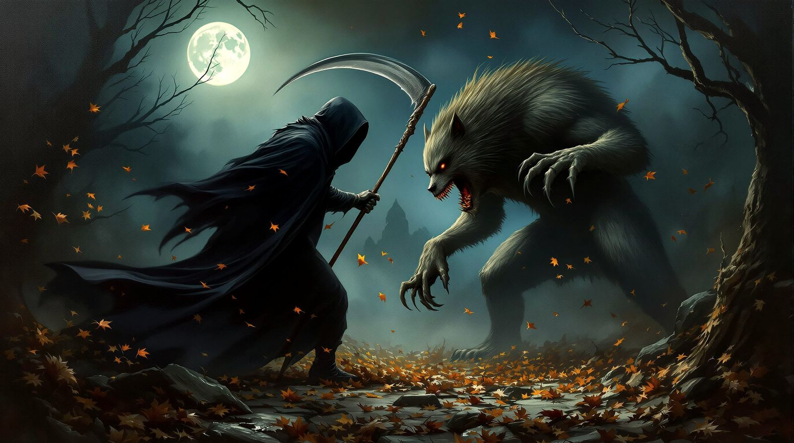 Grim Reaper Battles Werewolf in Haunted Cemetery