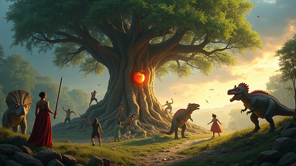 A chaotic scene unfolding within the Garden of Eden