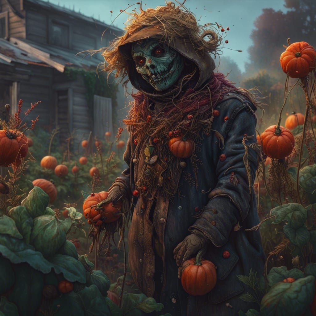 Intricate Scarecrow in Vegetable Garden, Fantasy Art