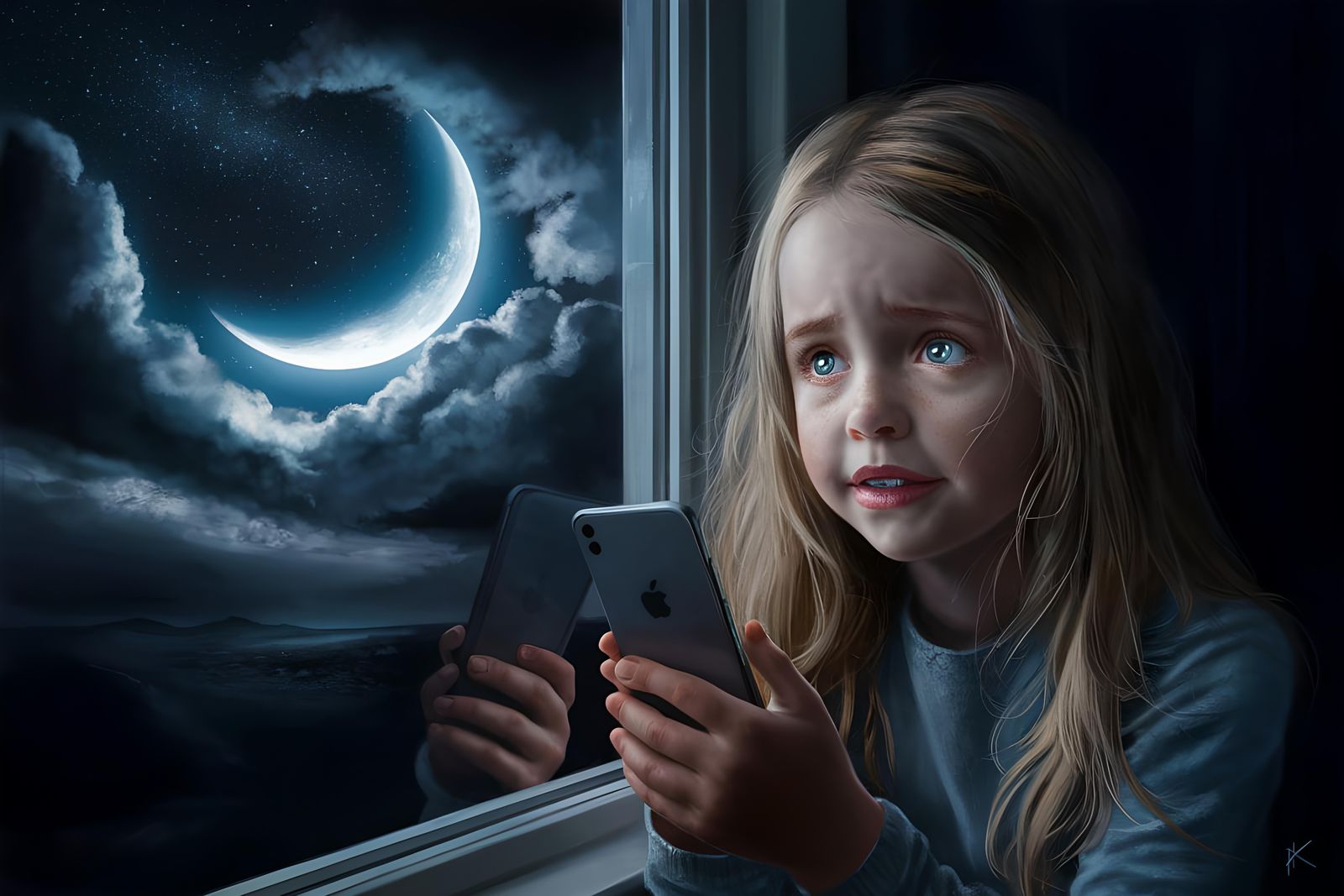 Girl Gazing at Night Sky in Kandinsky Style