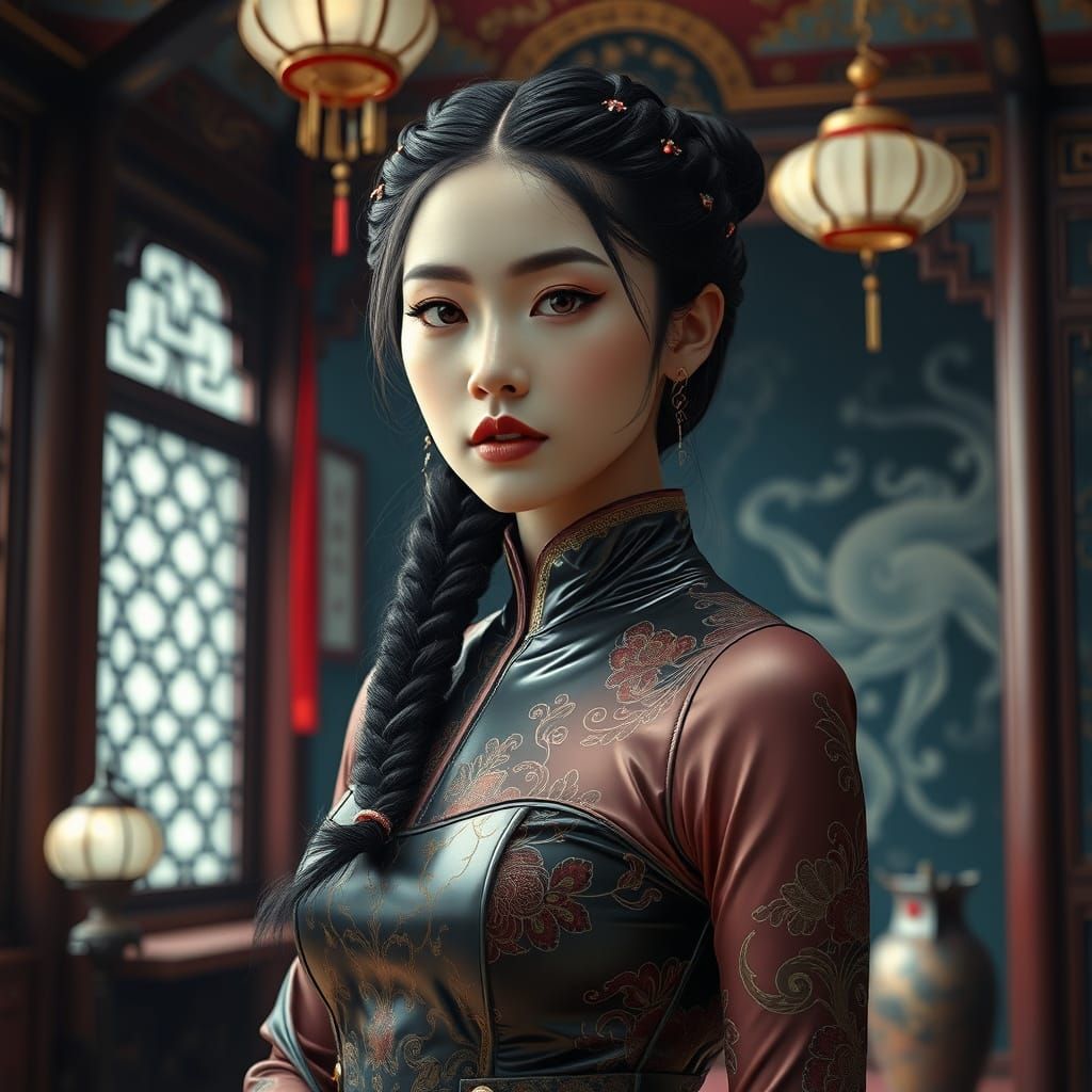 Woman in Latex Dress in Asian Setting: Hyperrealistic Art