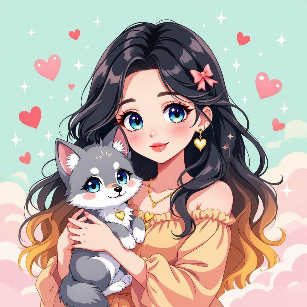 Anime Woman with Wolf Cub in Dreamy Style