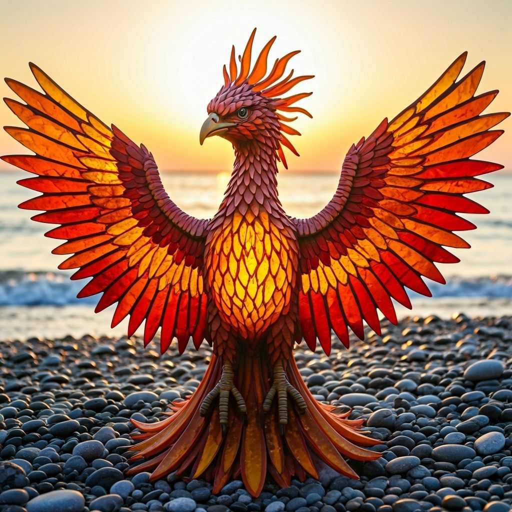Majestic Phoenix Sculpture of Fiery Sea Glass
