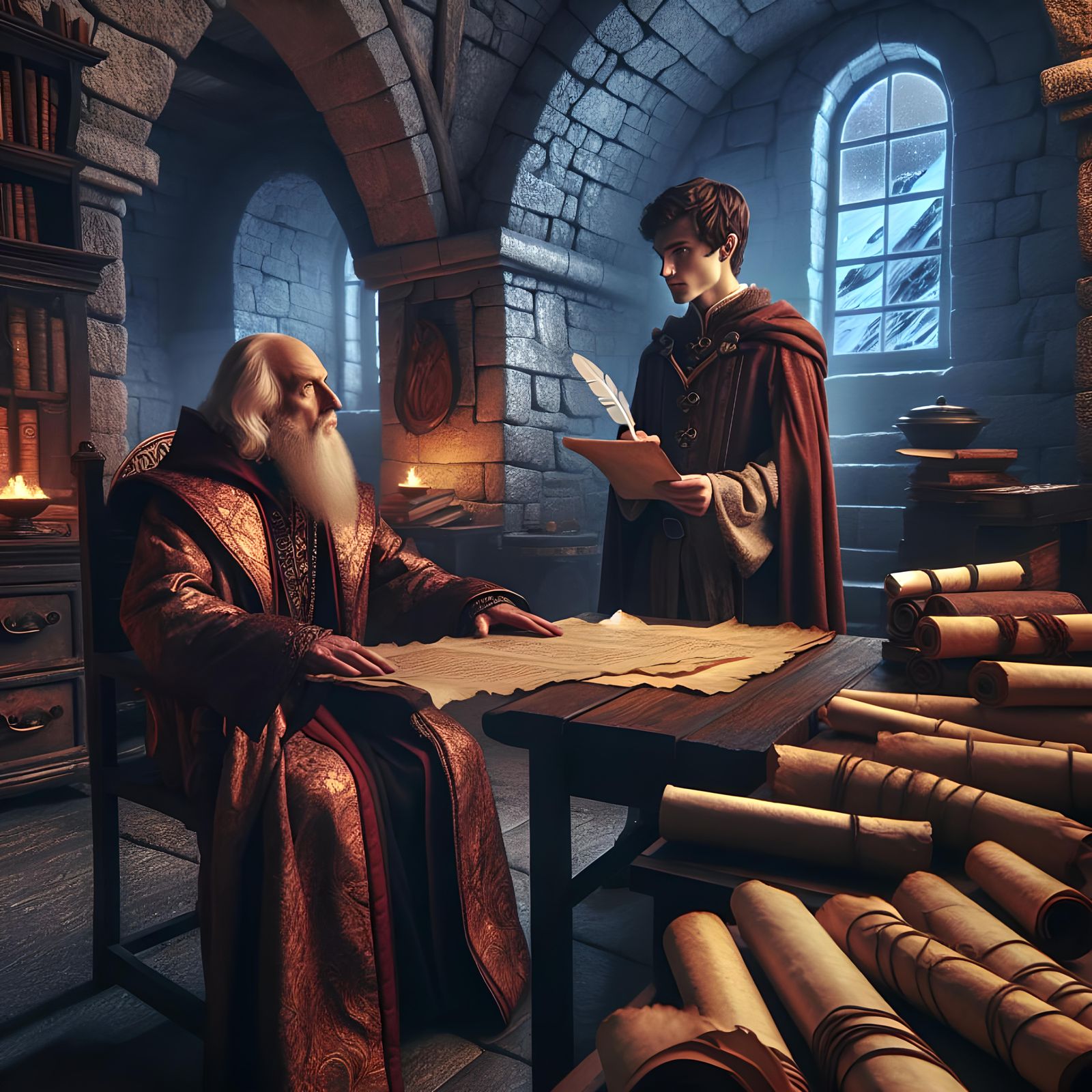 Ancient Fantasy Scene: Master Teaches Apprentice