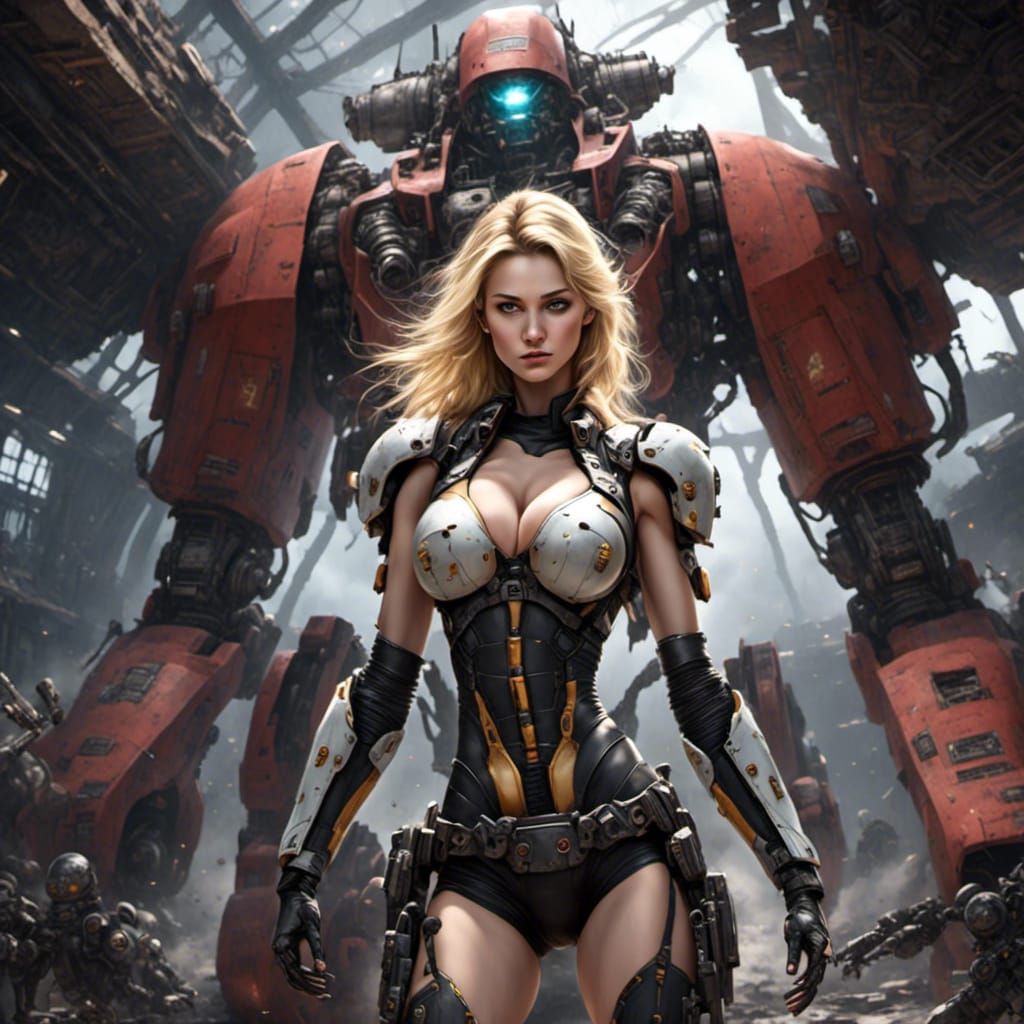 Female Robot Pilot in Mech, Cyberpunk Battle Scene