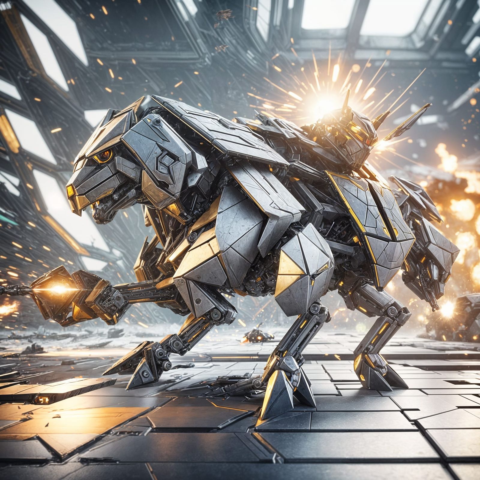 Futuristic Origami Battle Mech in Polished Metal