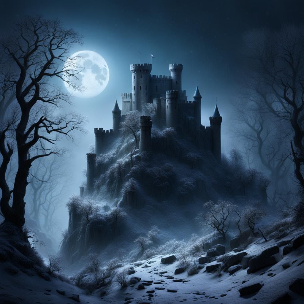 Ruined Castle in Winter Fog: 3D Photorealistic Scene