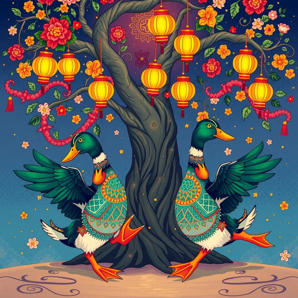 Dancing Ducks in Folk Attire Illustration