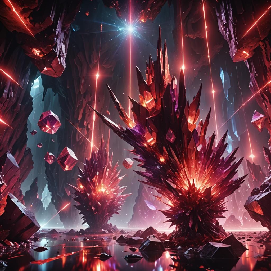 Surreal Crystal Cave with Red Laser Beams