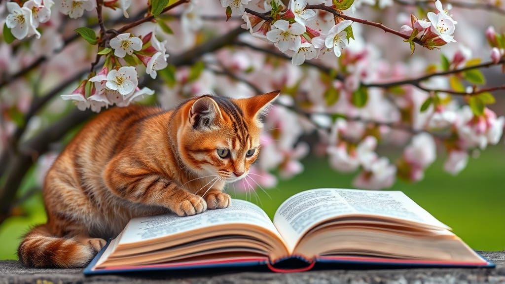 Feline Scholar in a Blooming Oasis