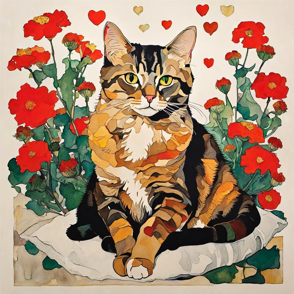 Cat Portrait with Flowers in Expressionist Style