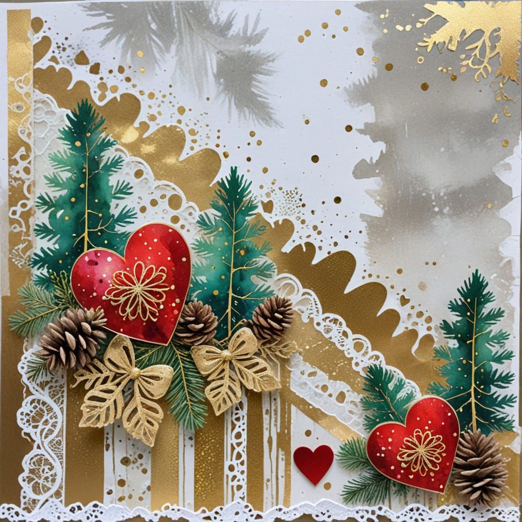 Vibrant Christmas Watercolor Artwork with Gold Accents