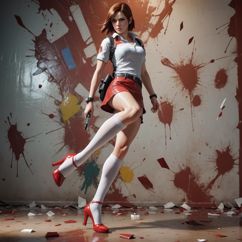 Claire Redfield wearing in miniskirt, white stockings and red high heels
