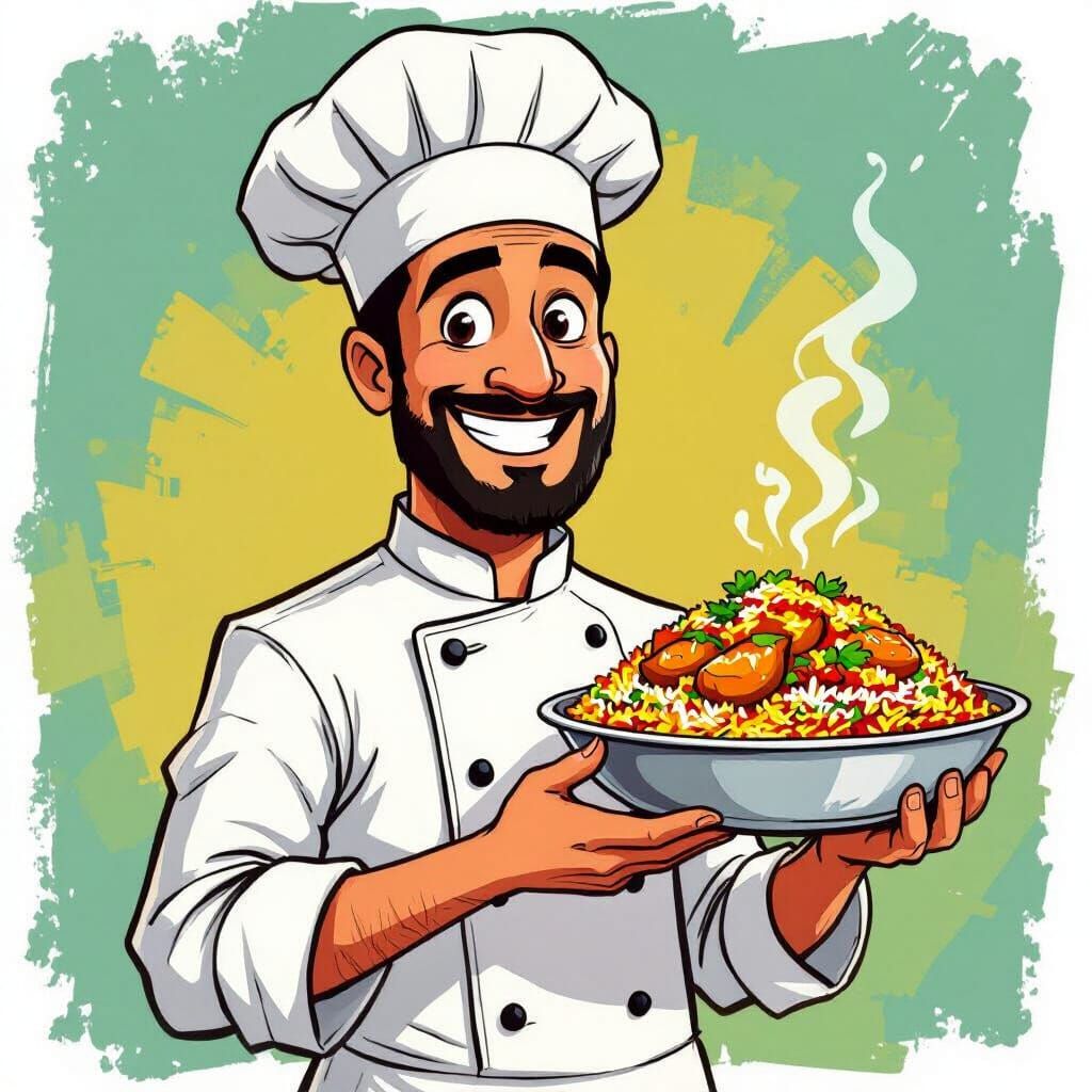 Chef Holding Biryani in Vibrant Cartoon Style