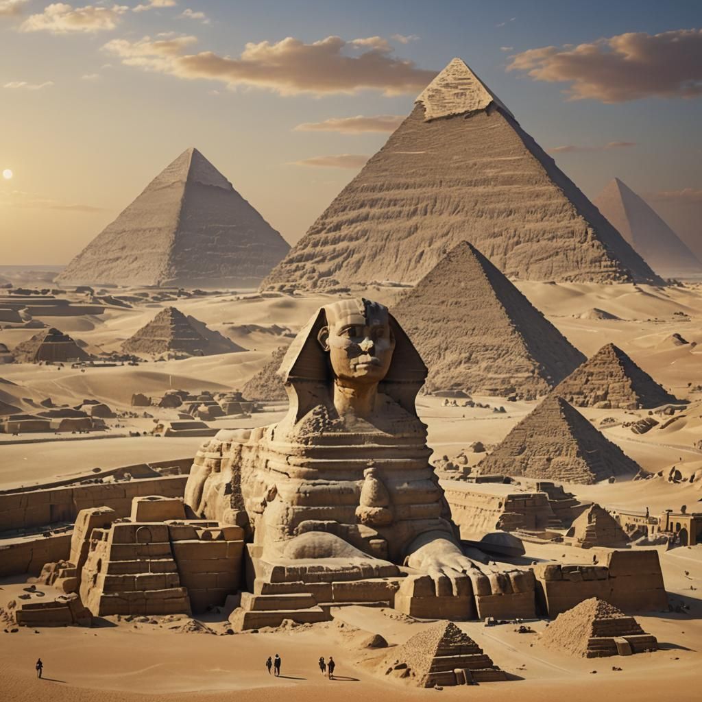 The three iconic pyramids of Giza (Cheops, Chephren, and Myk...