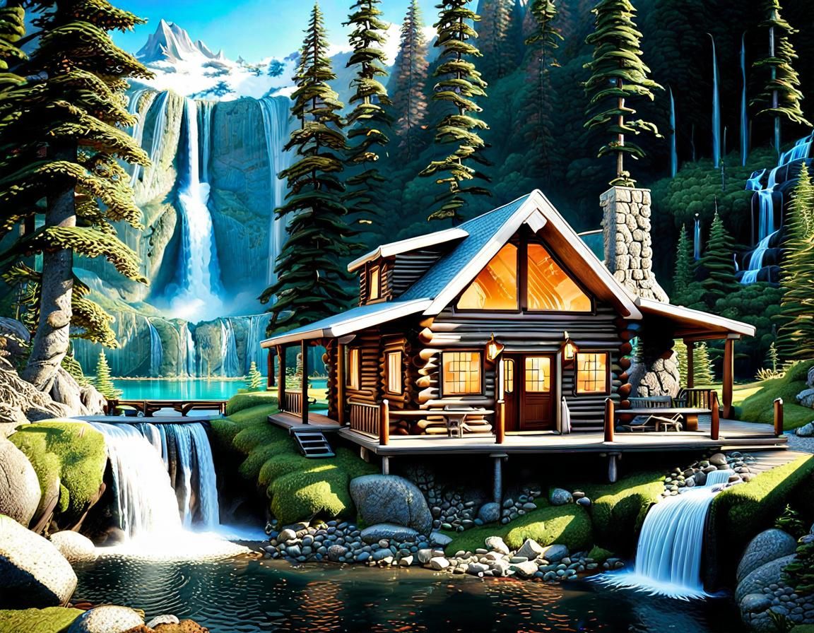 Cozy Log Cabin in Mountain Forest: Hyperrealistic Oil Painti...