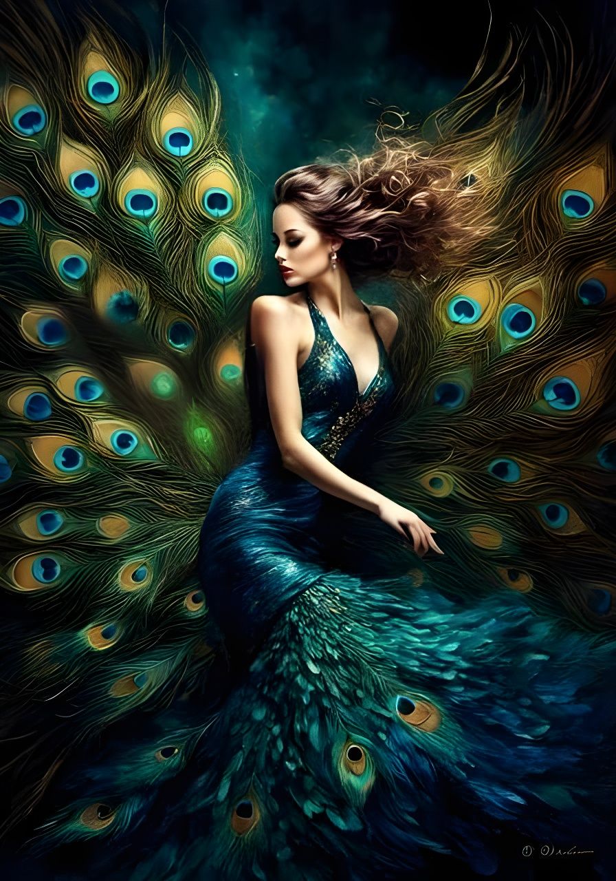 A woman in a dress of peacock feathers