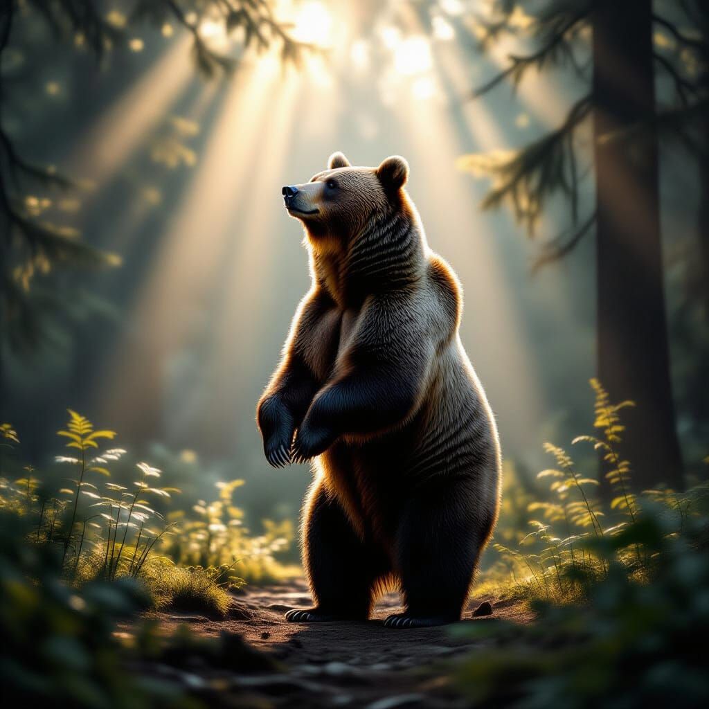 Majestic Grizzly Bear in Misty Forest Sunlight