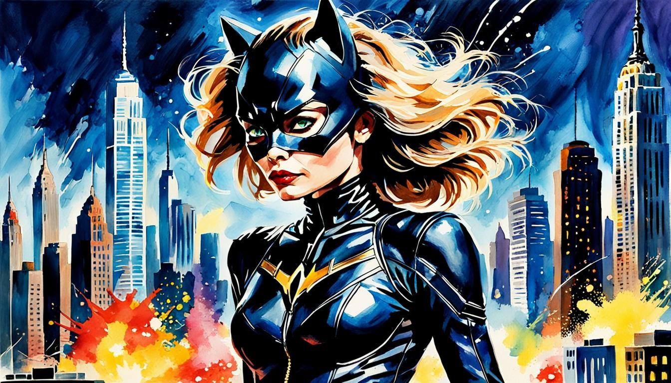 Catwoman in NYC: Watercolor Pop Art Gouache Painting