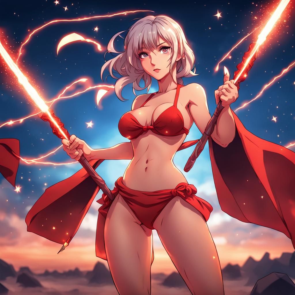 Anime Wizard Generates Thunder in Starry Evening