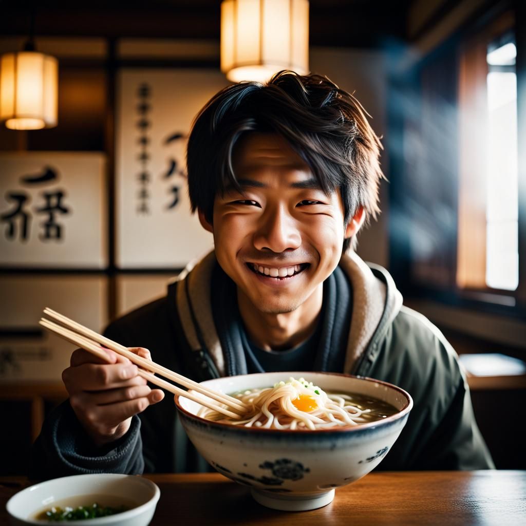 Joyful Boy Eating Ramen: Neo-Expressionist Portrait