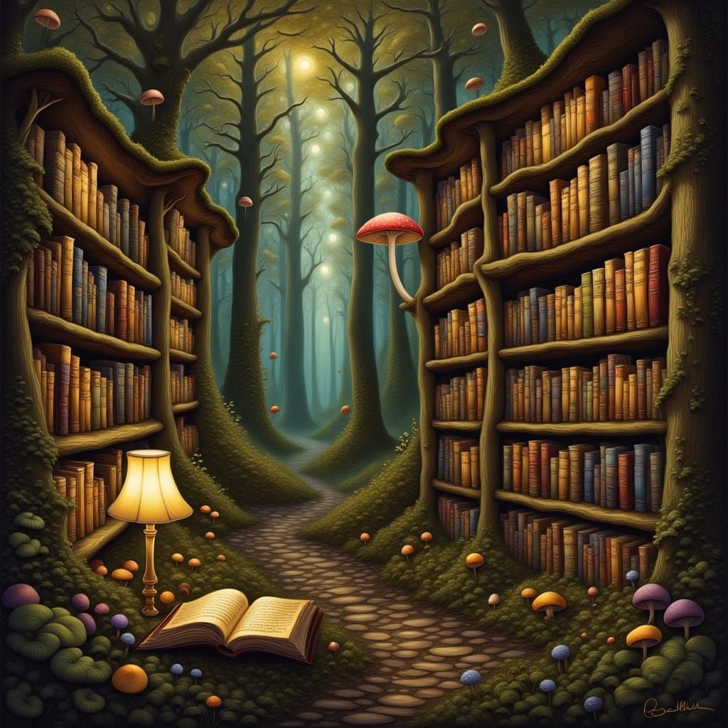 Ethereal Library of Whimsical Wonders in Soft Luminescent Gl...