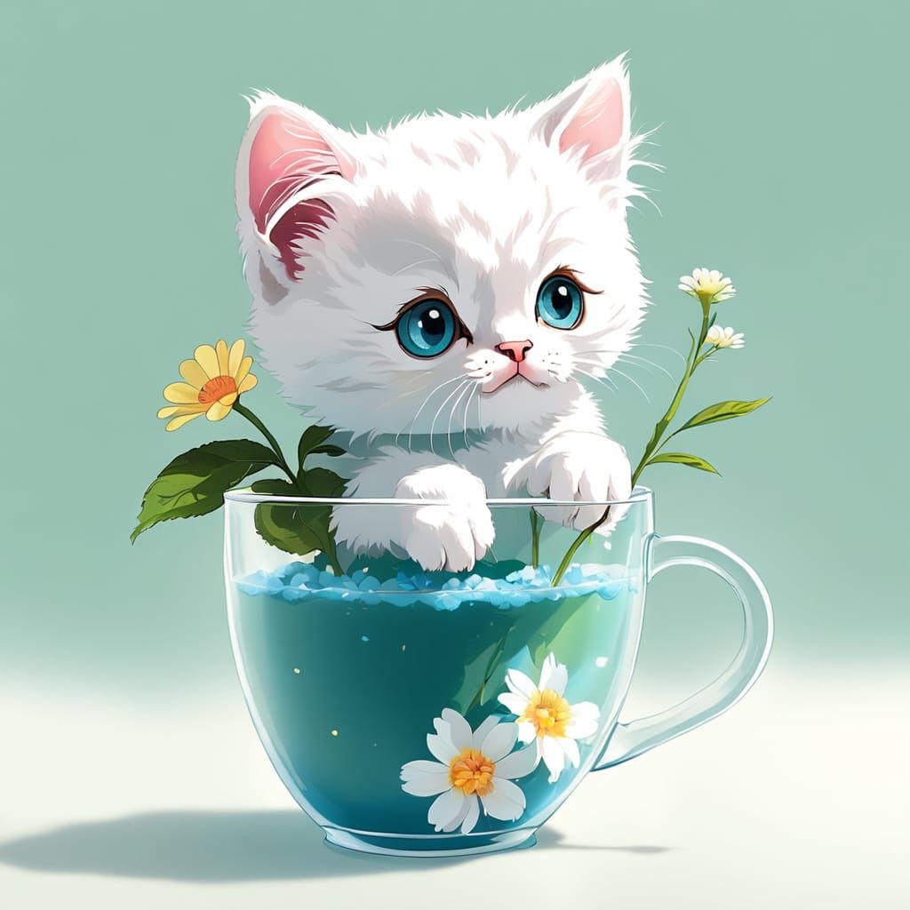 Kitten in a Clear Cup: Whimsical Floral Scene