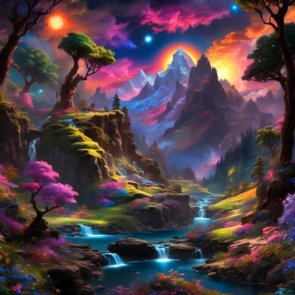 Cosmic Wonderland Landscape in Maximalist Style