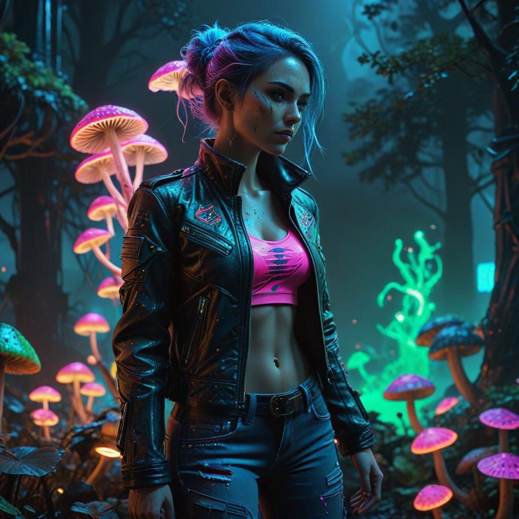 Cyberpunk Fae Amidst Glowing Mushrooms