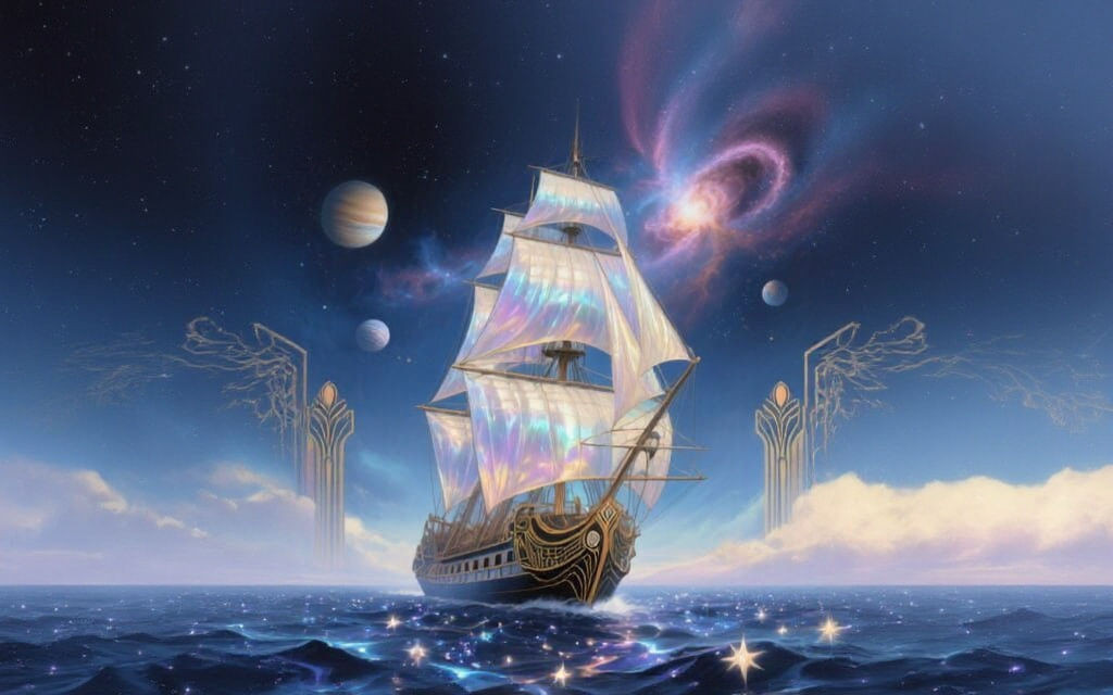 Art Deco Sailing Ship Navigates Liquid Starlight Sea