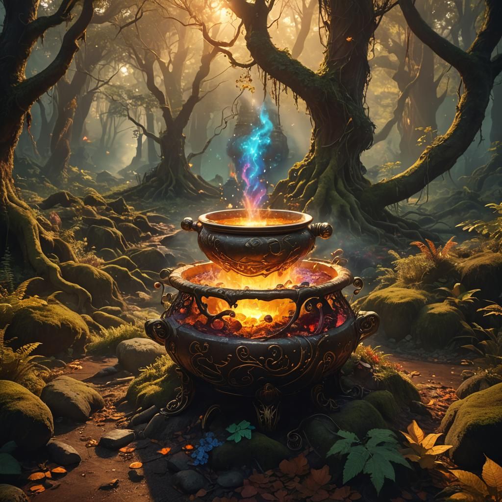 Mystical Cauldron with Glowing Potion in Forest