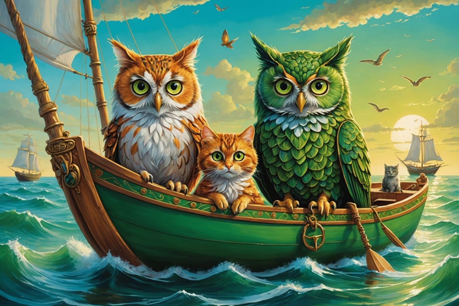 Enchanting Owl and Cat Nautical Adventure