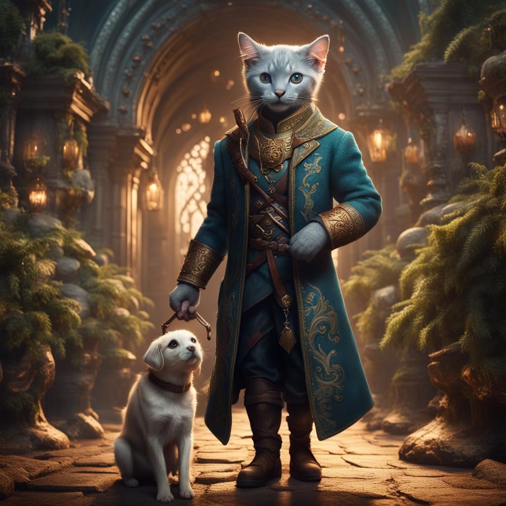 Cat and Dog Holding Human: Detailed Fantasy Art