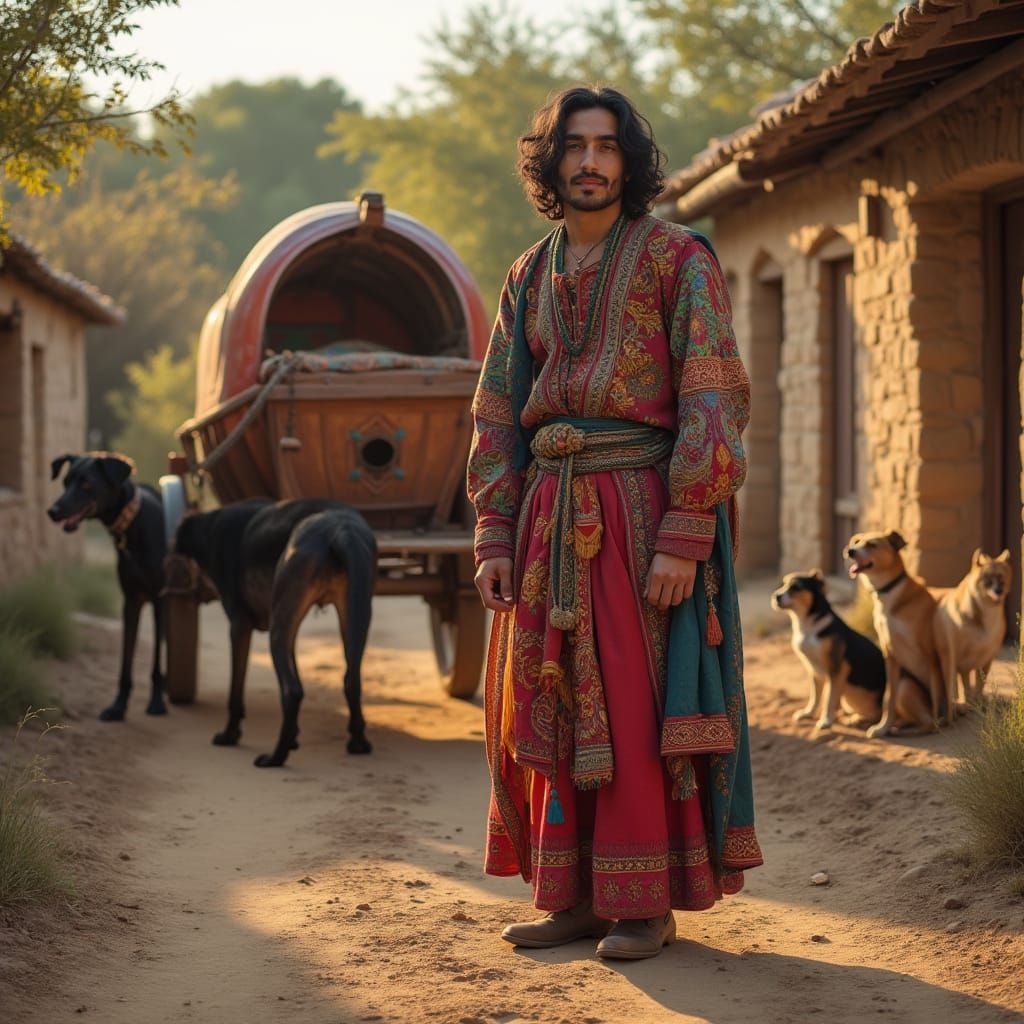 Middle Eastern Romani Man by Wagon at Golden Hour