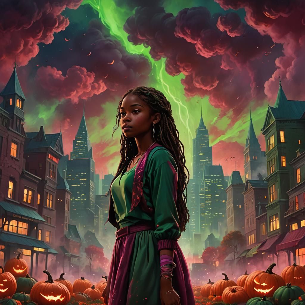 Crimson Skyfall: Fantasy Art with Glowing Pumpkins
