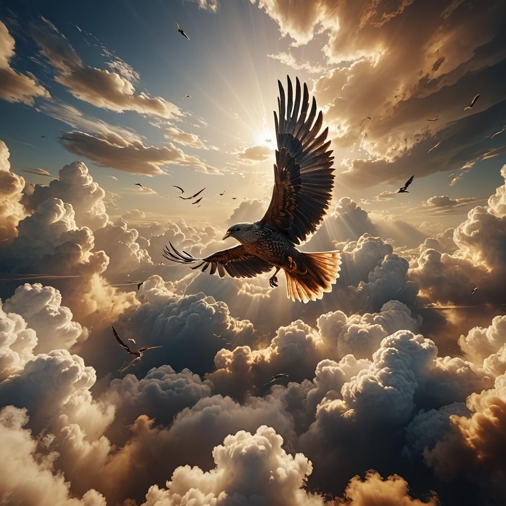 Bird Soaring Through Clouds in Hyper-Realistic Style