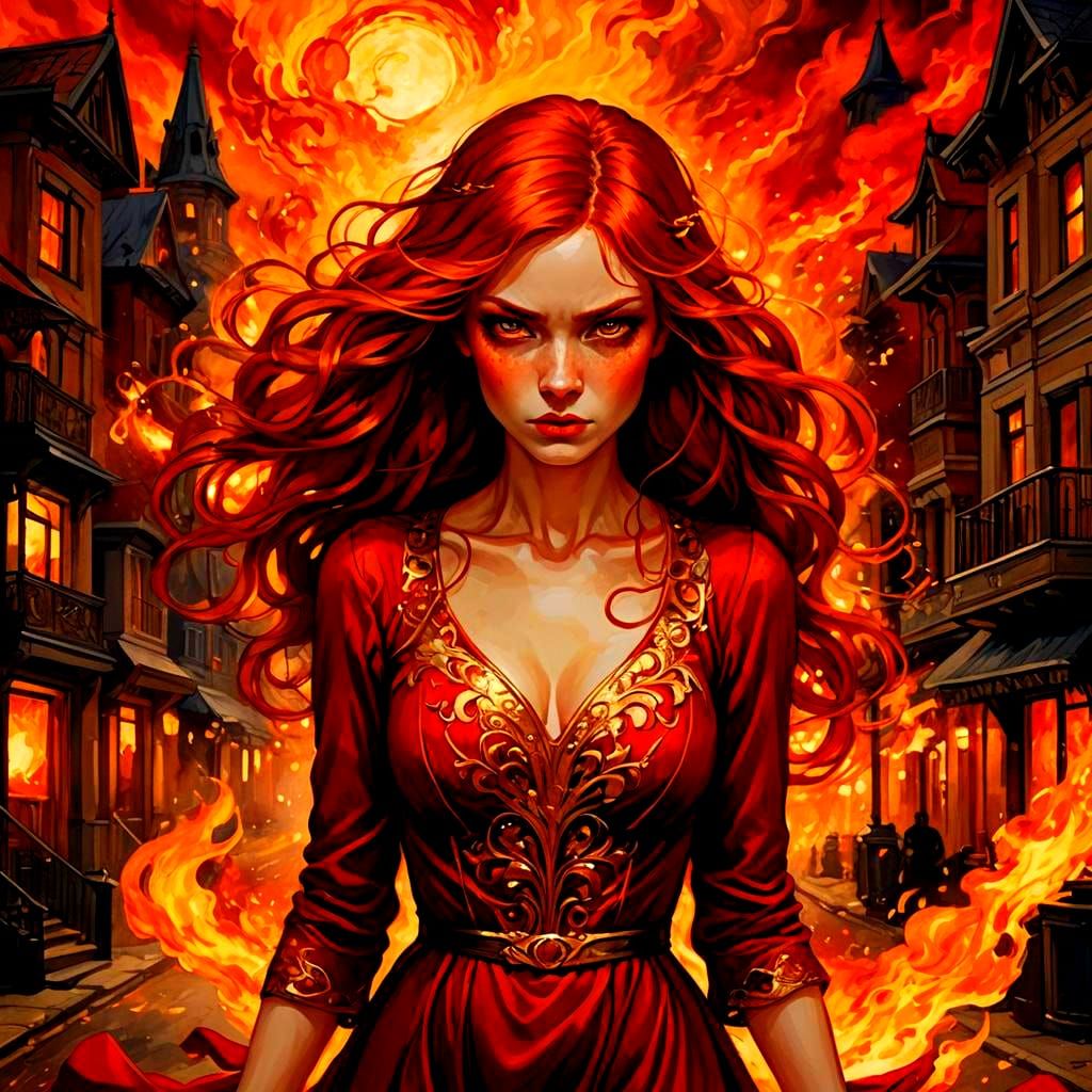 Fiery Woman in Burning Town: Art Nouveau Impression