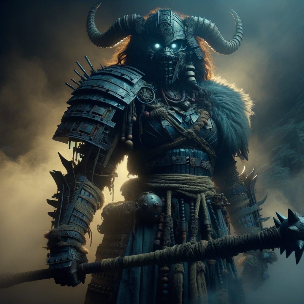 Titanic South Asian Warrior in Misty Pass at Twilight