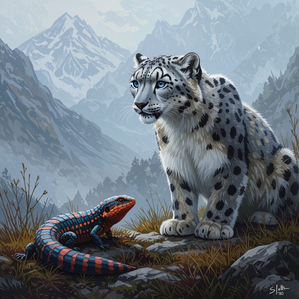 Snow Leopard and Skink Hybrid in a Misty Habitat