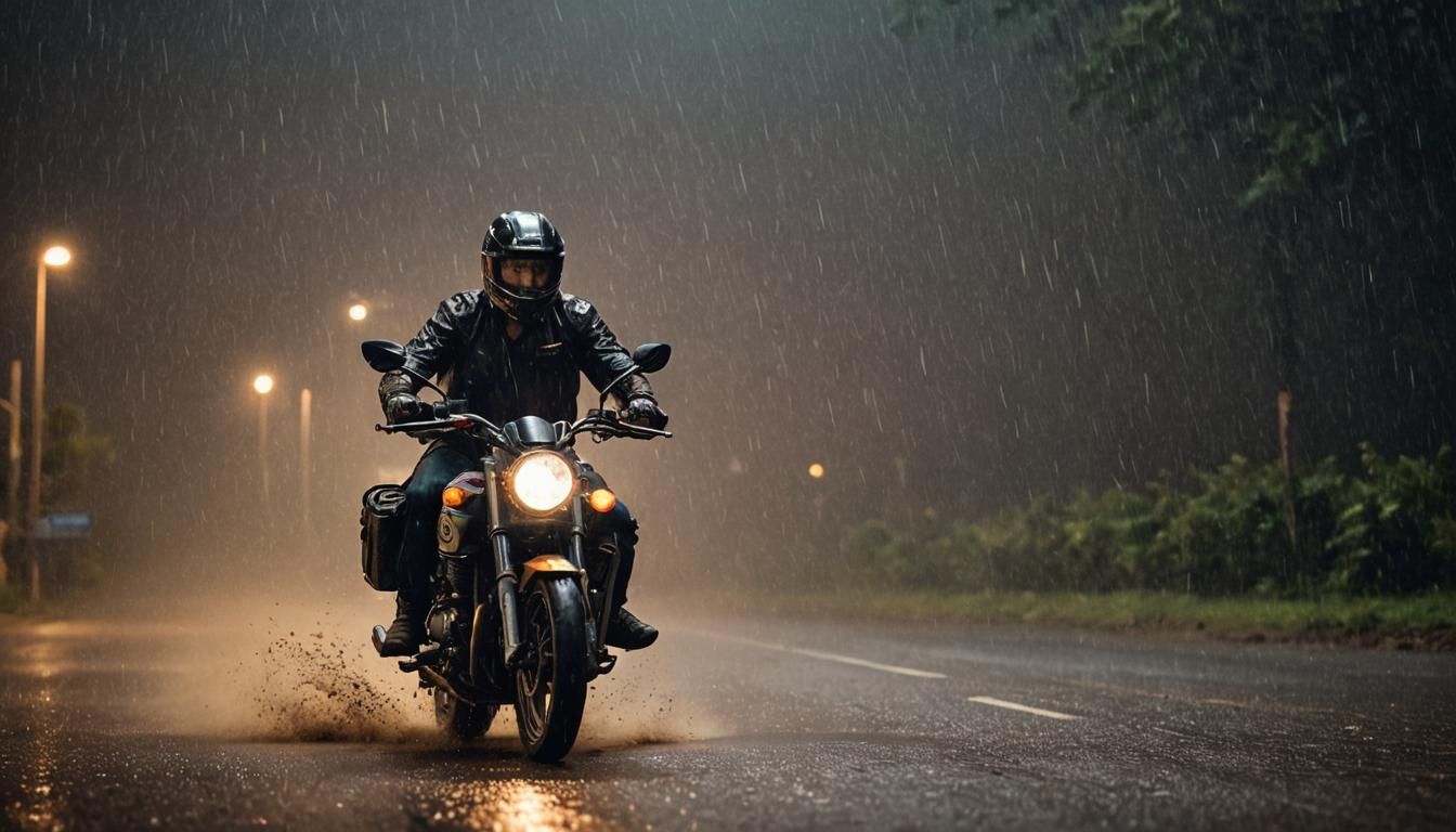 Motorcycle on Rainy Dirt Road: Night Photography